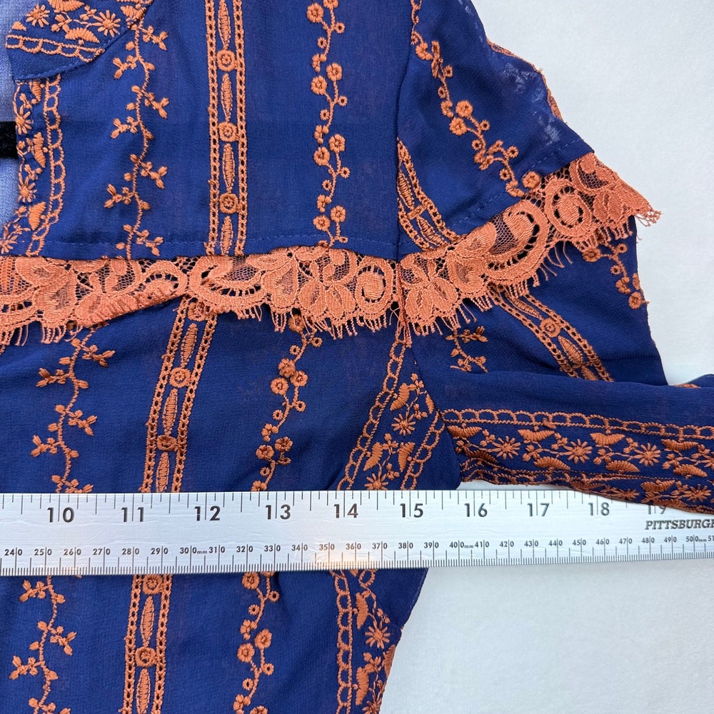 BCBGMAXAZRIA Navy Blue Orange Embroidered Lace Trim Maxi Dress Long Sleeve XXS - Picture 9 of 16